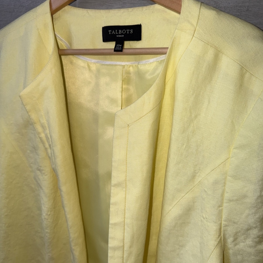 Talbots Open Front 100% Linen Blazer Size 22W Yellow Lined Lagenlook Preppy - Picture 2 of 6